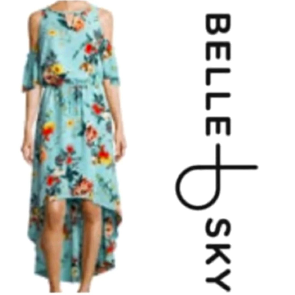 Belle Sky High Low Seafoam Blue Floral Multi Color Cold Shoulder Dress